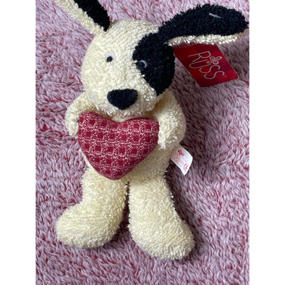 Vintage Baby Russ Stuffed Animal Dog One Size Cream Black Red Heart - Picture 2 of 3